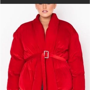 PLUS AZALEA WANG WATCH OUT COMING THROUGH VELVET RED WRAP PUFFER (NWOT)